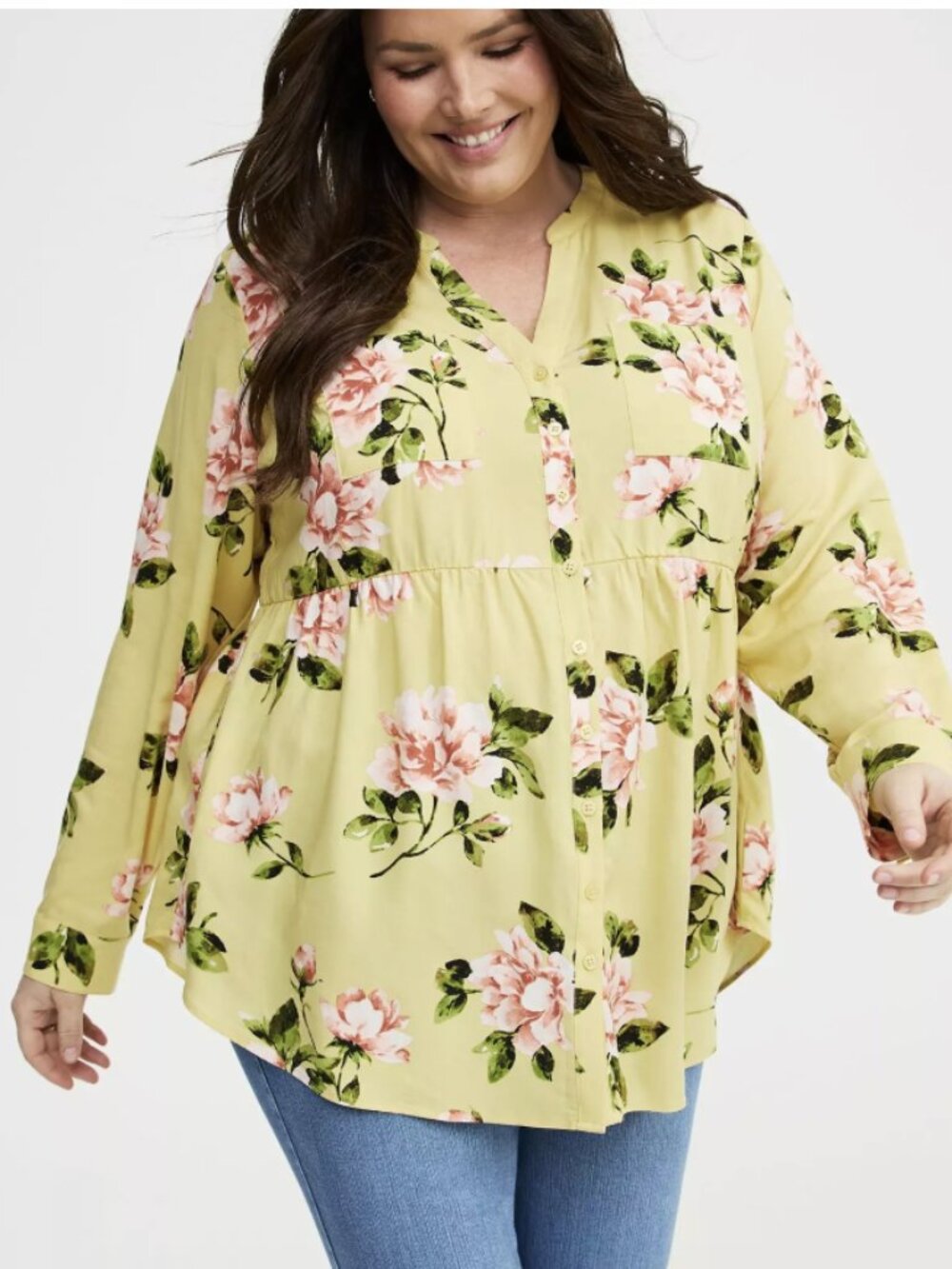 Torrid 2X Tunic Blouse Emma Babydoll Yellow Floral Long Sleeve Button Down